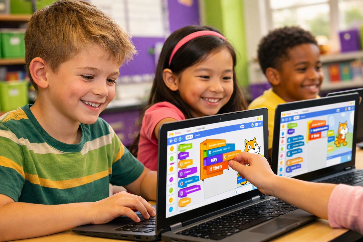 Children learning visual coding on tablets