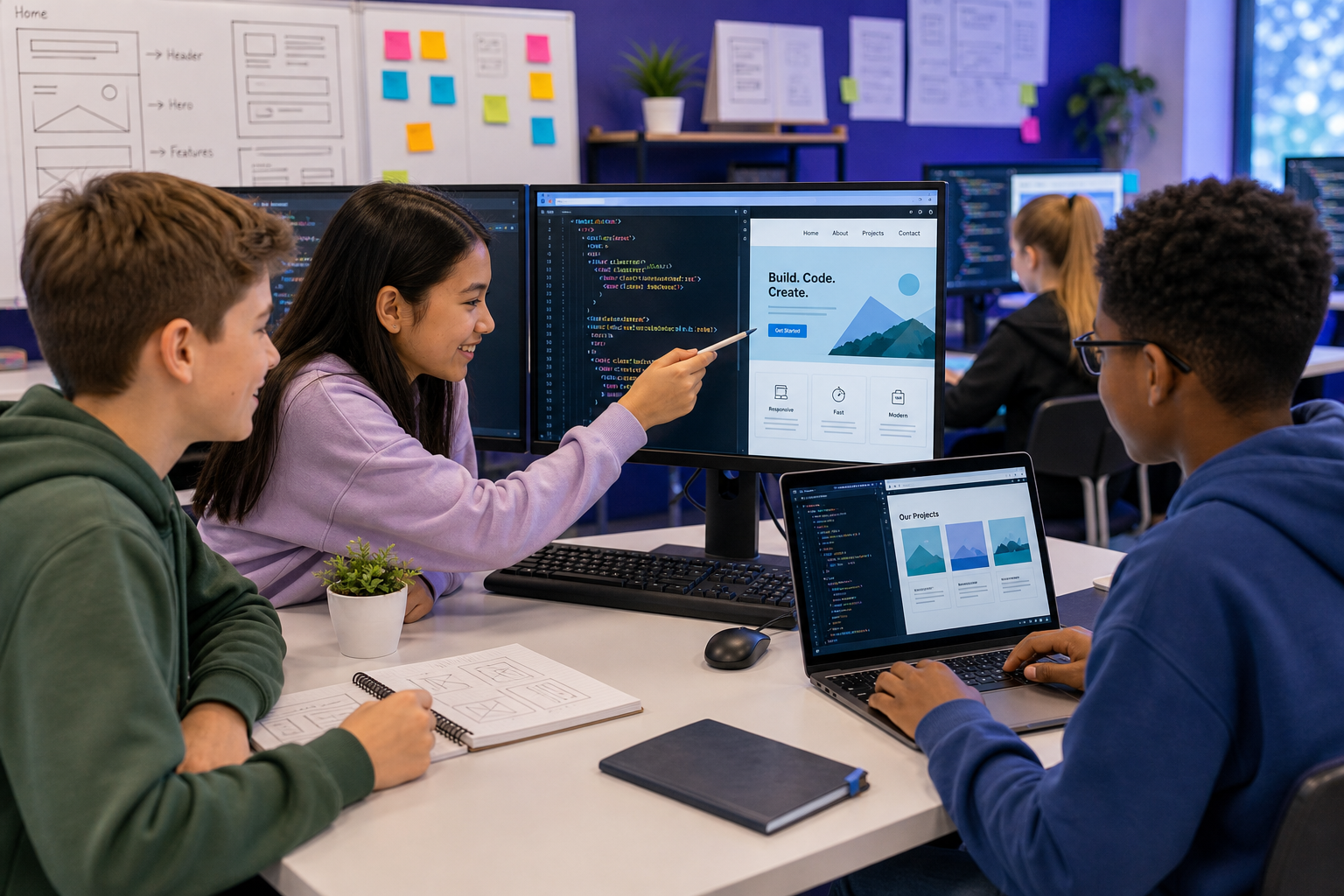 Students collaborating on web development projects
